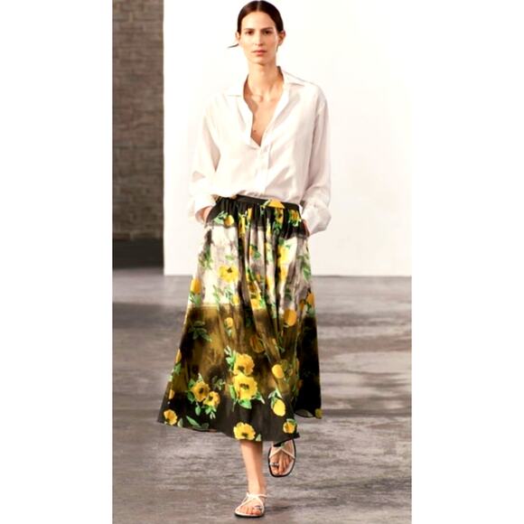 ZARA Floral Print Midi Skirt High Waisted Size S 100% Cotton Zip Side Closure - Picture 2 of 9